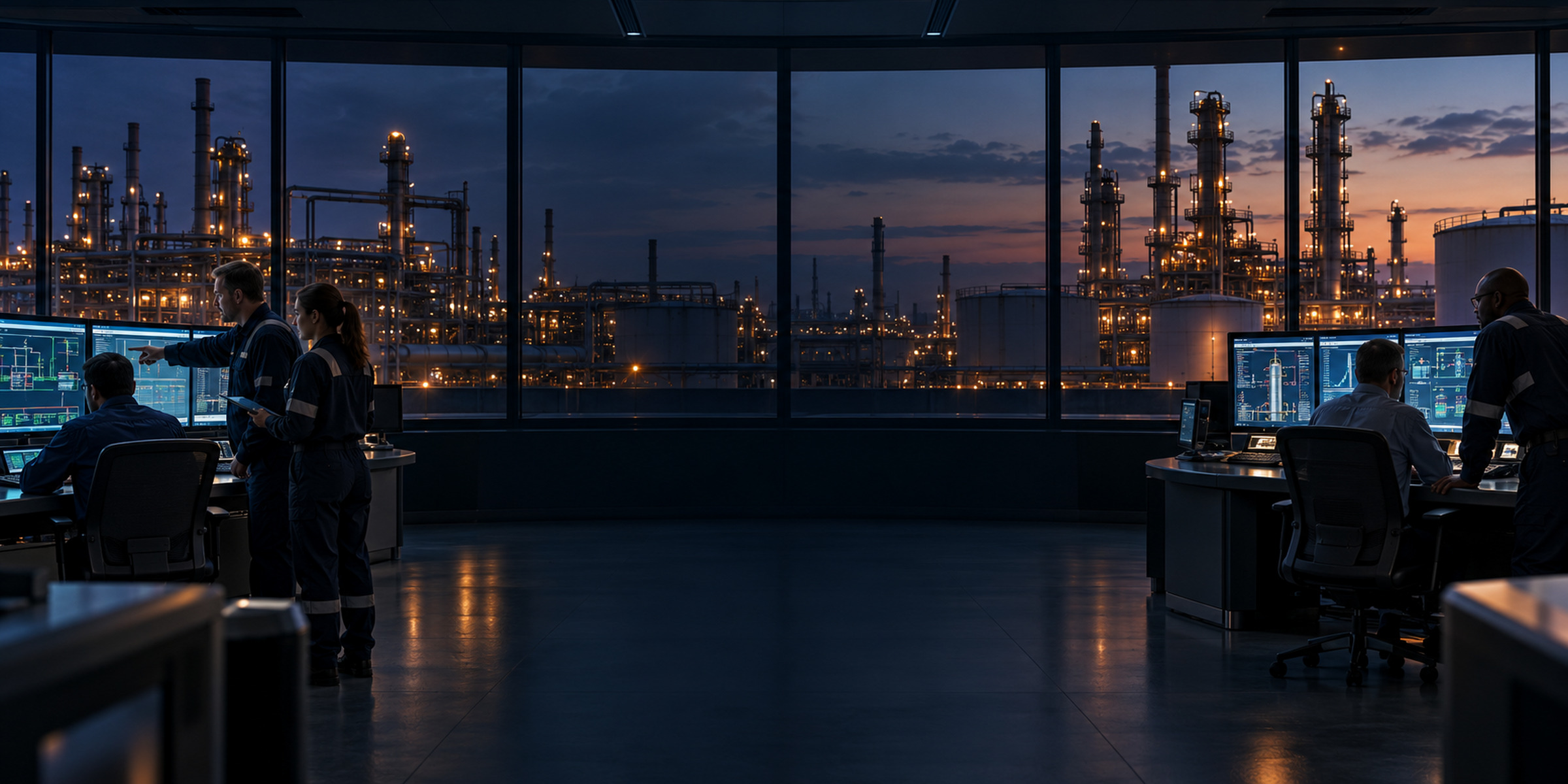 Refinery operations team coordinating OT systems from a control room overlooking the plant.