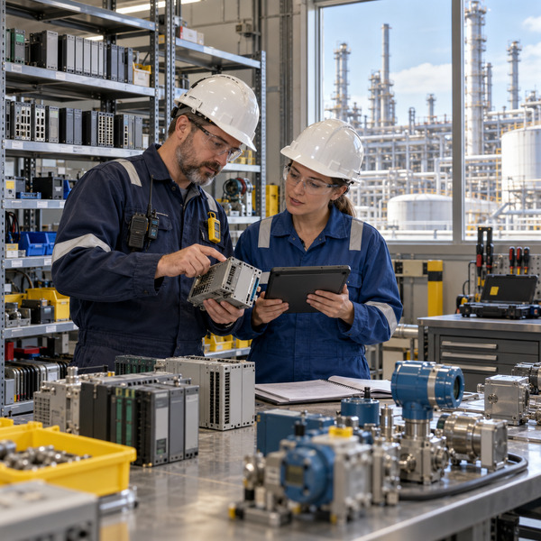 Refinery OT engineers reviewing control equipment and spare parts in an instrumentation workshop.