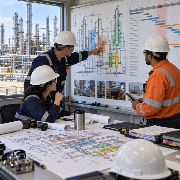 Refinery engineering team reviewing a phased process-unit modernization plan beside the operating plant.