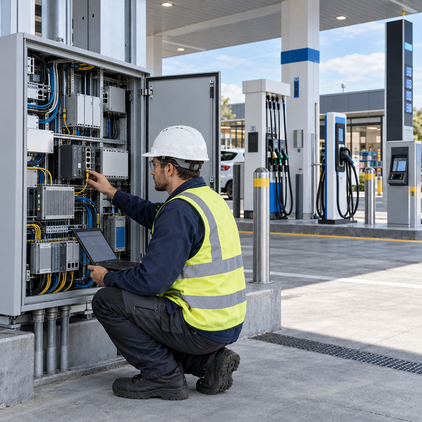 Field engineer commissioning an integration cabinet connecting fuel and EV charging systems.
