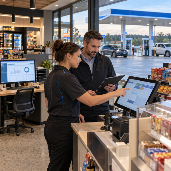 Station operator and implementation specialist reviewing POS and back-office systems inside a convenience store.