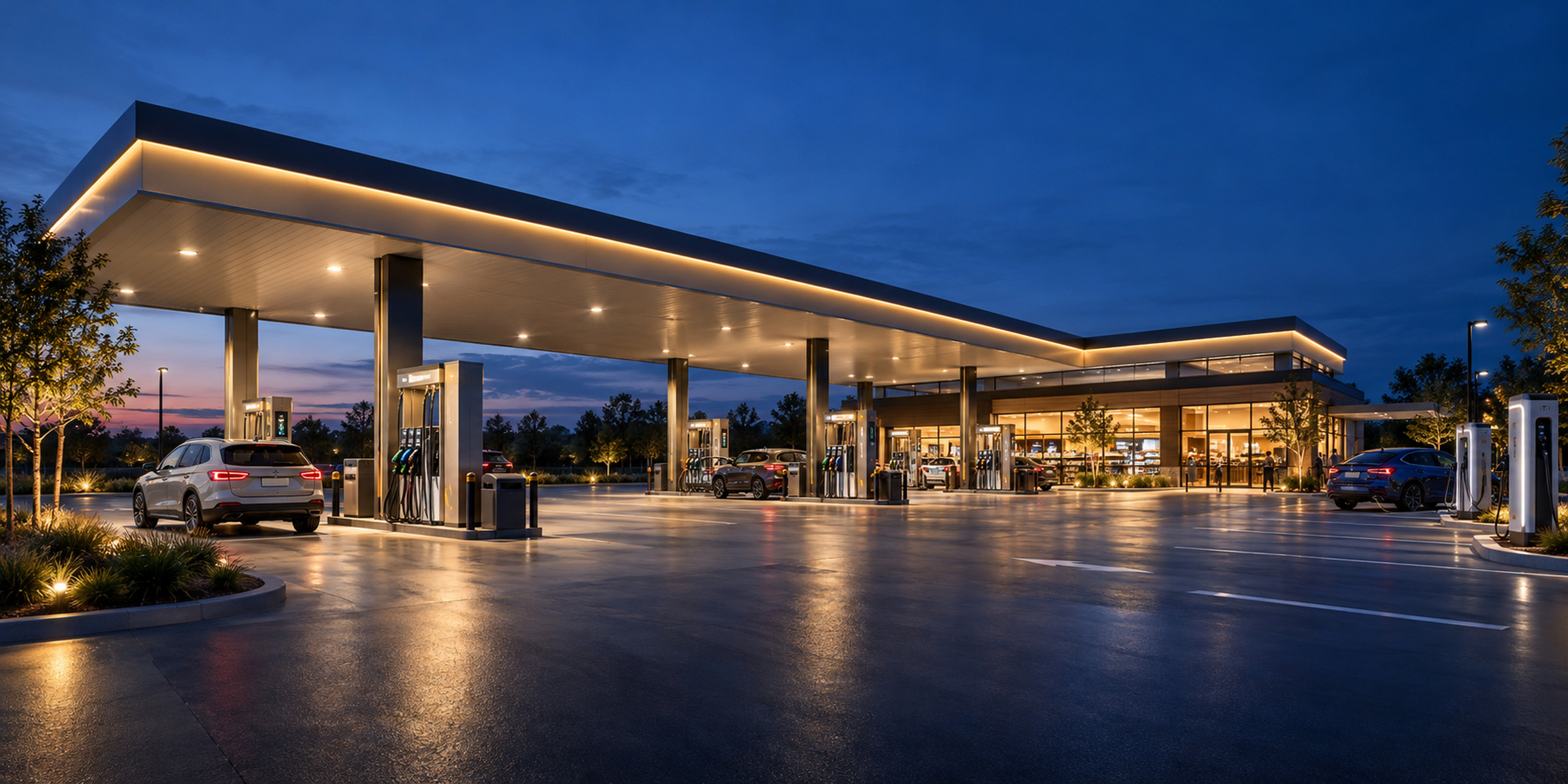 Modern service station with fuel pumps, EV chargers and convenience retail at blue hour.