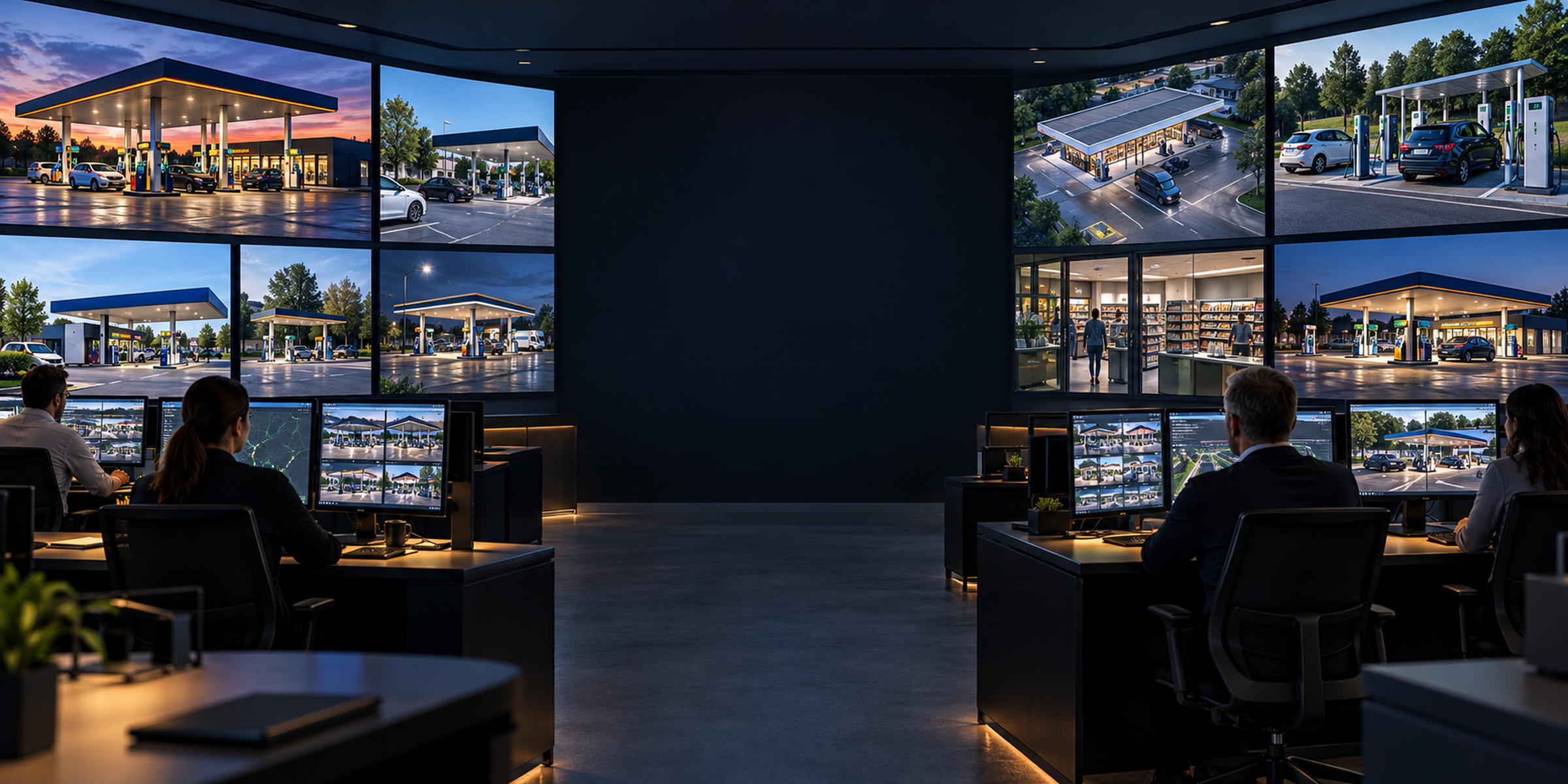 Operations team monitoring multiple service stations from a centralized network control room.
