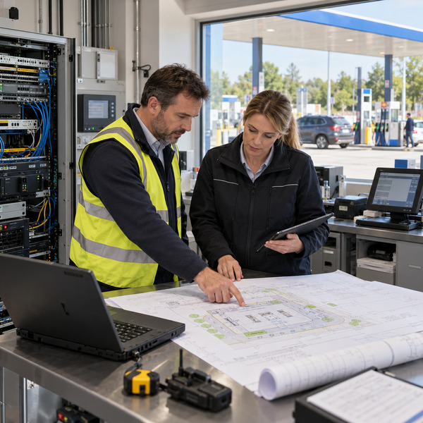 Integration architect and station manager reviewing system plans beside station network equipment.