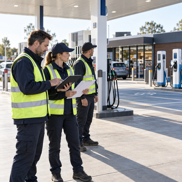Deployment team completing standardized rollout checks on a service station forecourt.