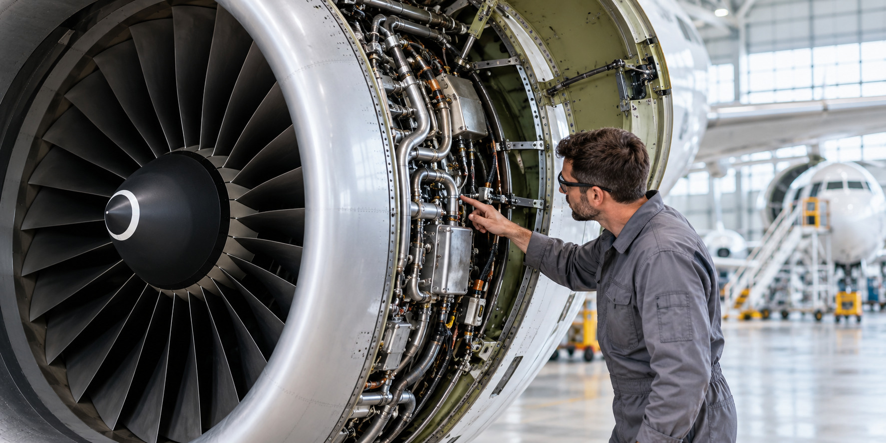 Aircraft maintenance technician inspecting an open commercial aircraft engine.