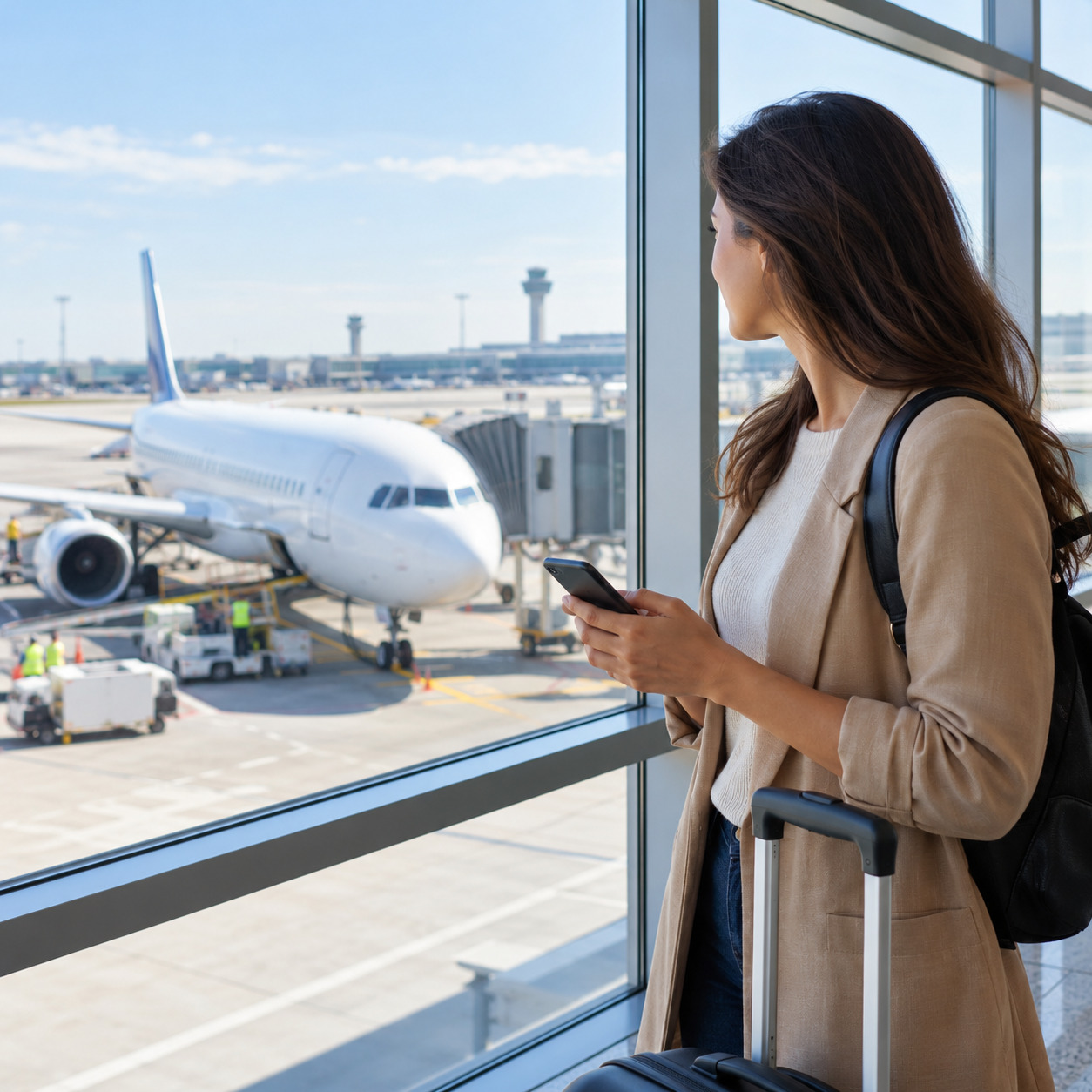 Airline passenger using a smartphone while looking at an aircraft through the terminal window.