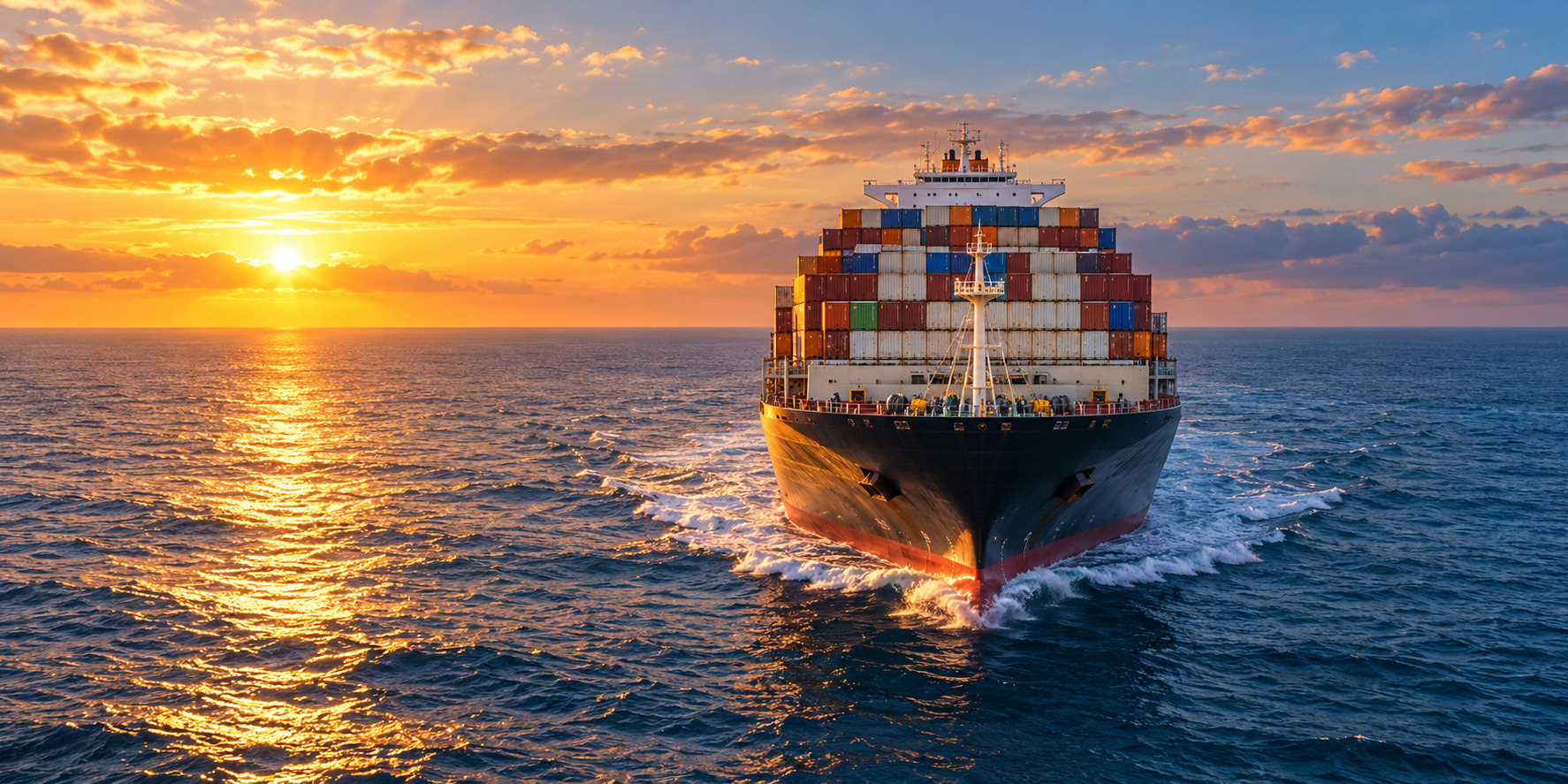Large container ship sailing across open water at sunset.