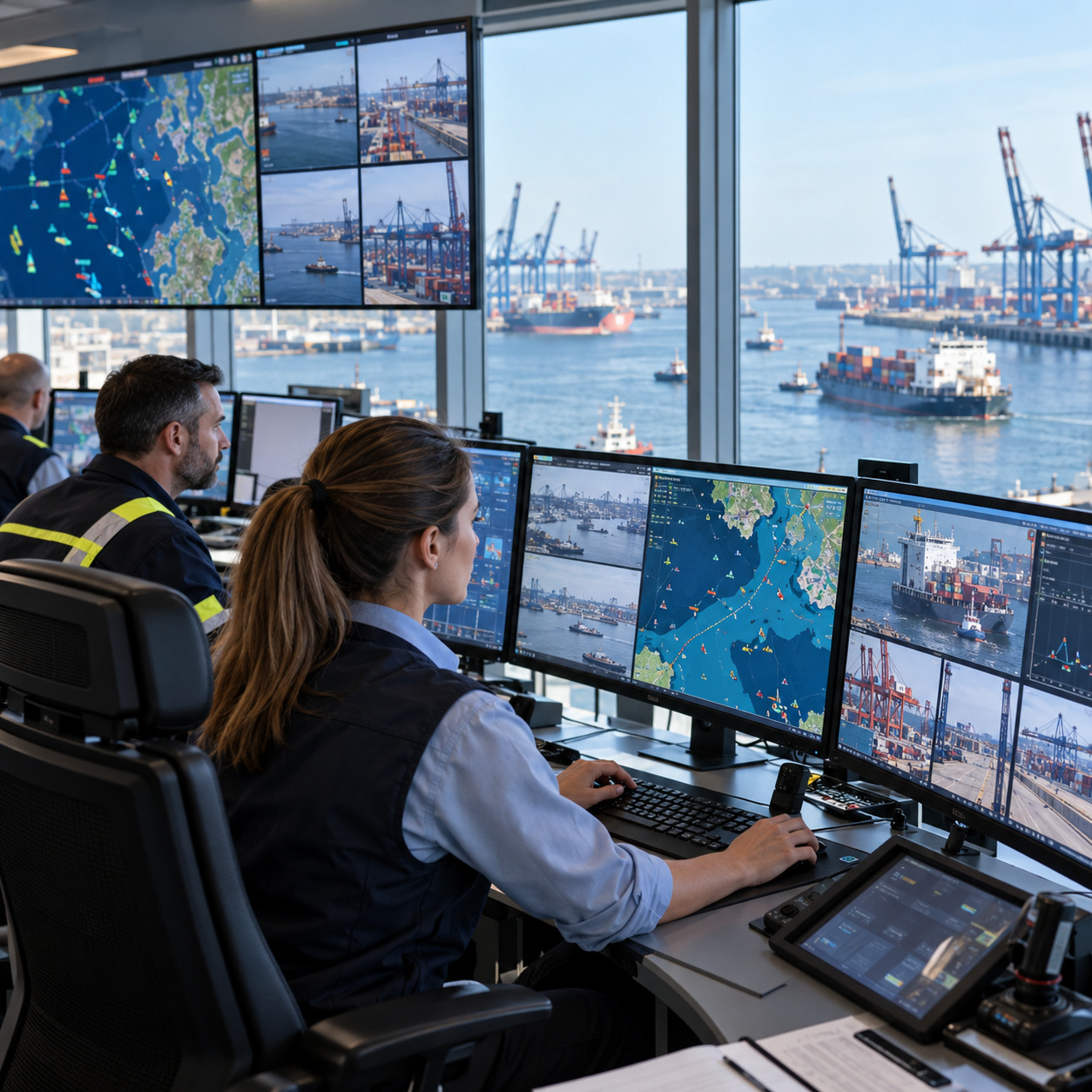 Port operations team monitoring vessel traffic from a maritime control center.