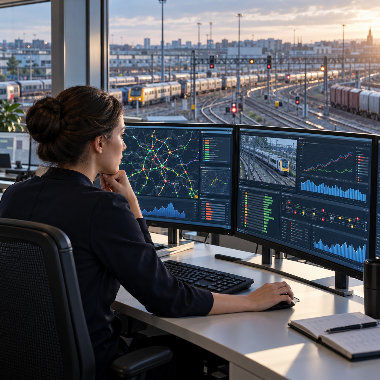 Rail data analyst reviewing network performance and predictive insights.