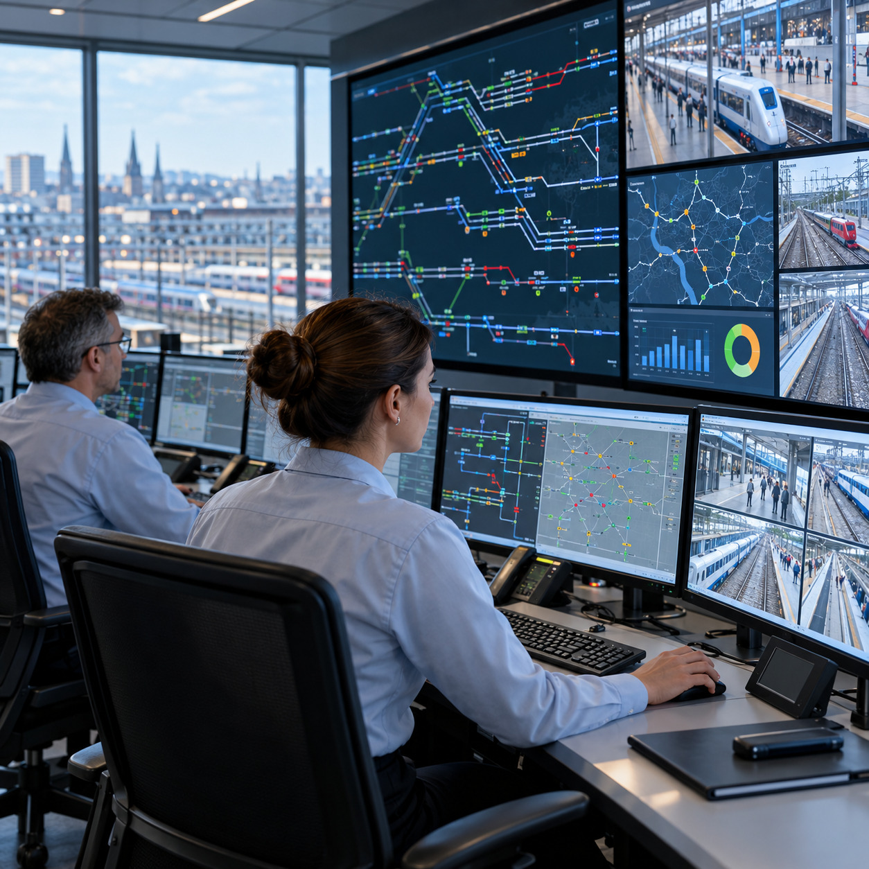 Rail operations team monitoring train movements and network performance.