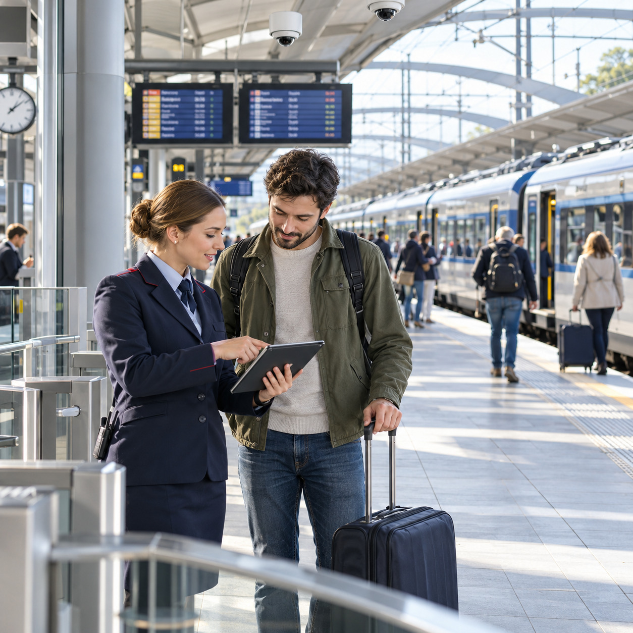 Station employee helping a passenger with real-time travel information.
