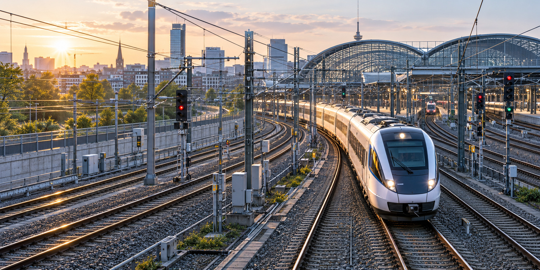 Modern electric train approaching a railway station through a connected rail network.