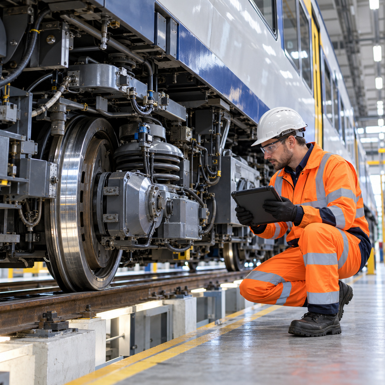 Rail maintenance engineer inspecting a train wheel assembly with a tablet.