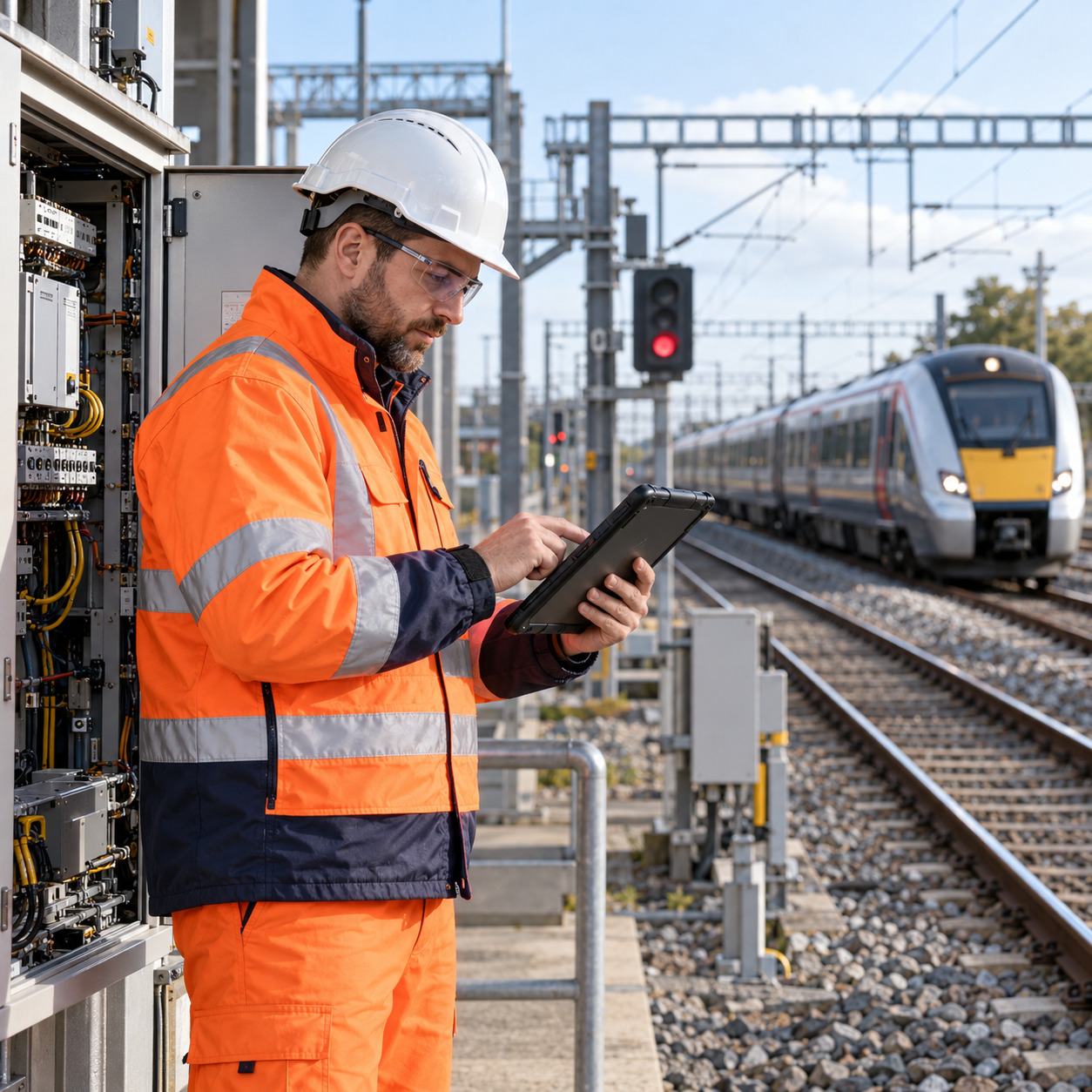 Railway engineer using an AI assistant to consult operational guidance on a tablet.