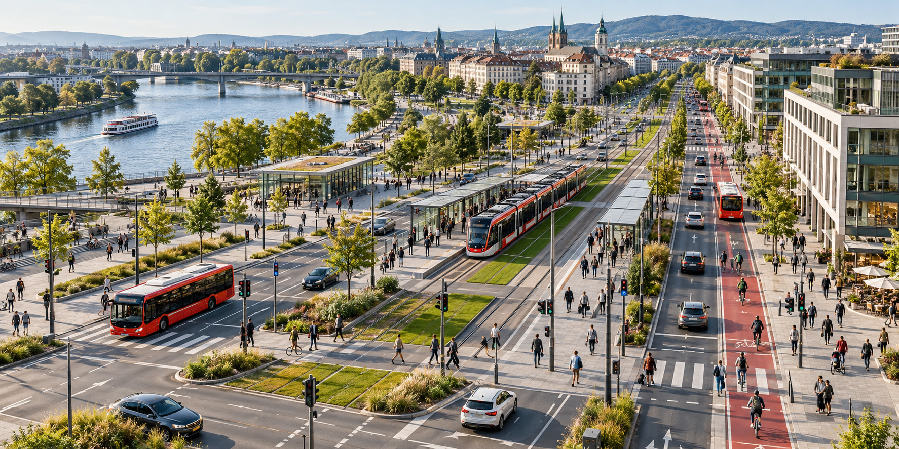 Aerial view of an urban network with trams, buses, cars, cyclists and pedestrians.
