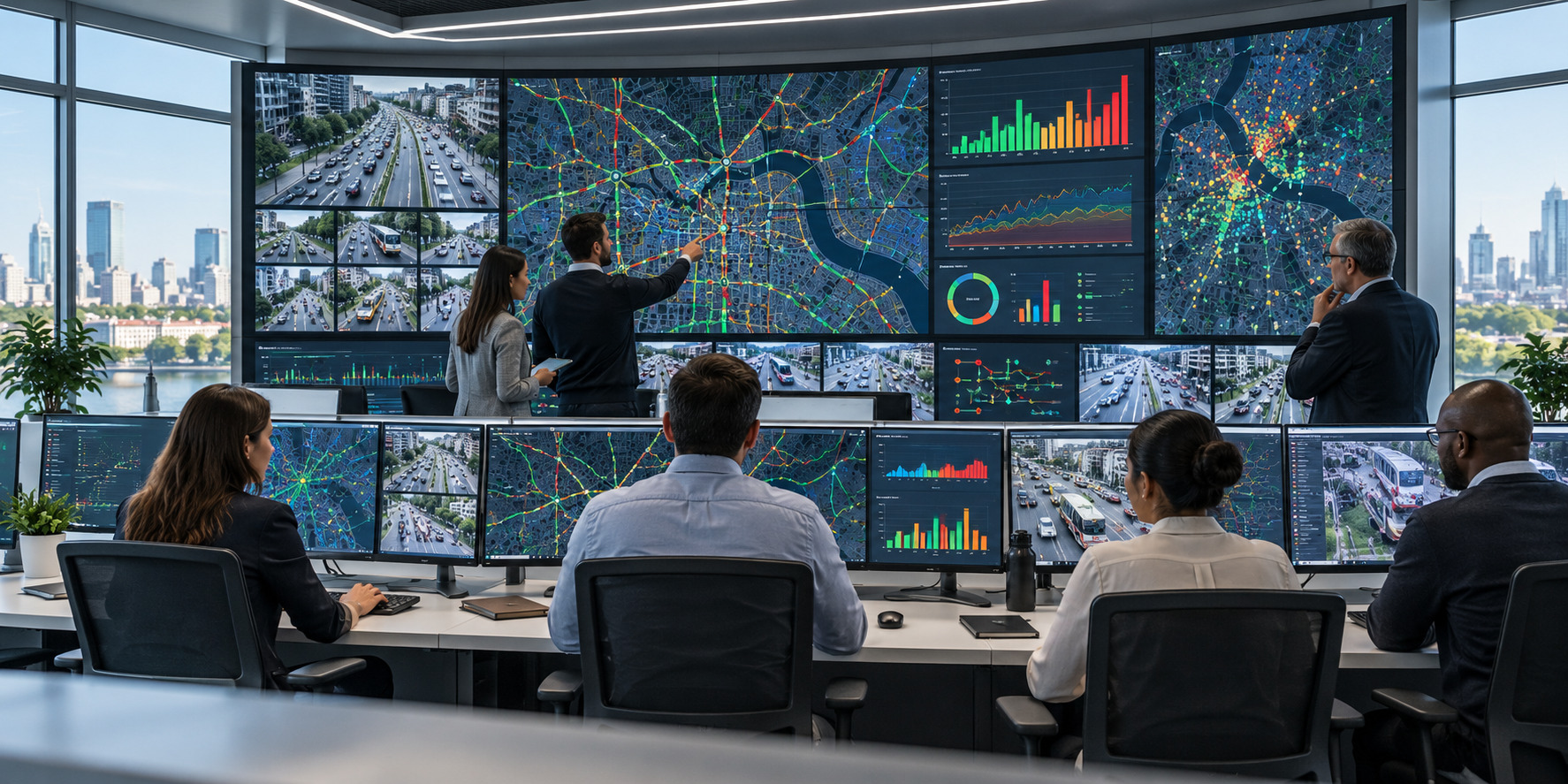 Mobility leaders reviewing network performance indicators and transport data.
