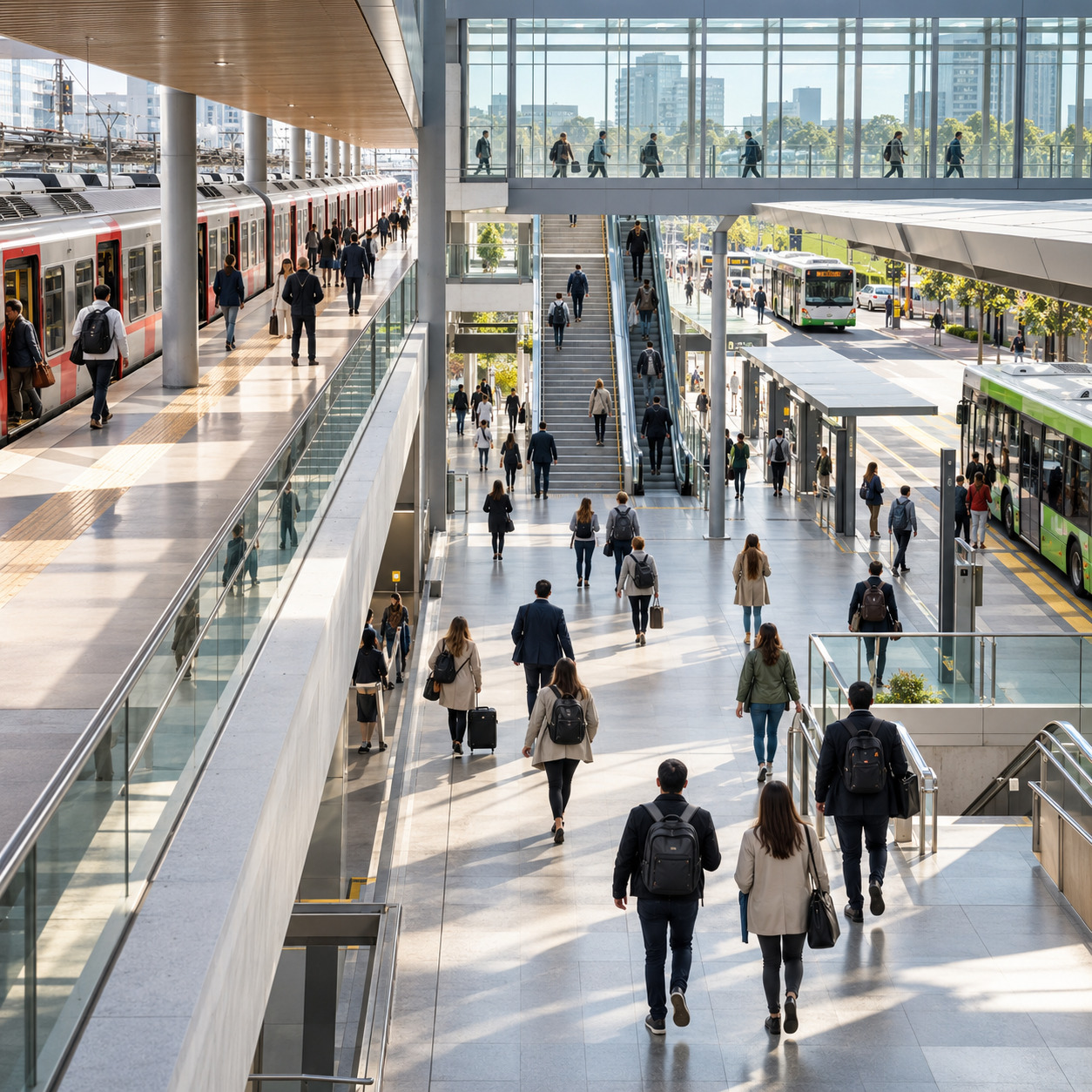 Passengers moving between train and bus services at a multimodal interchange.