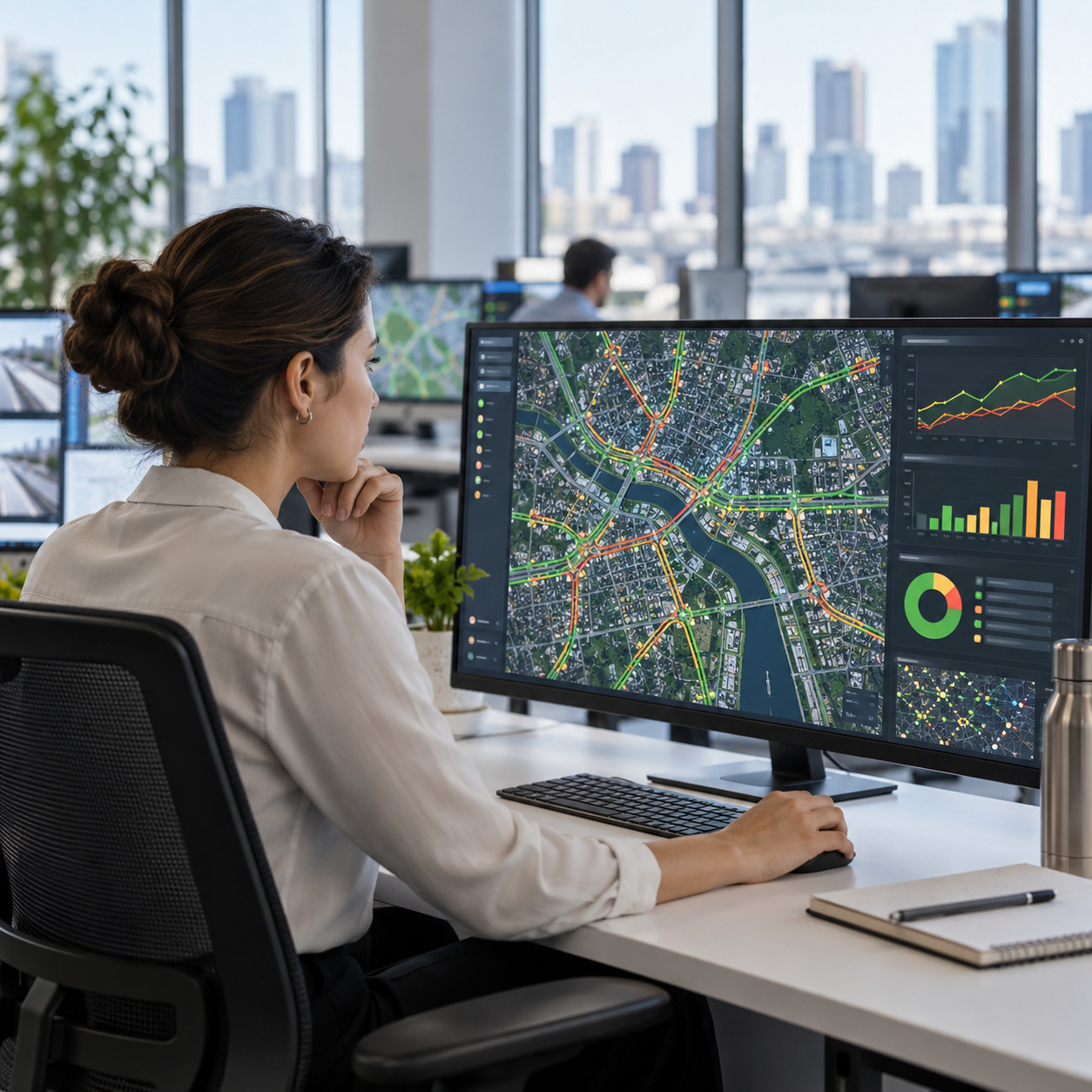 Mobility analyst monitoring urban transport network performance.