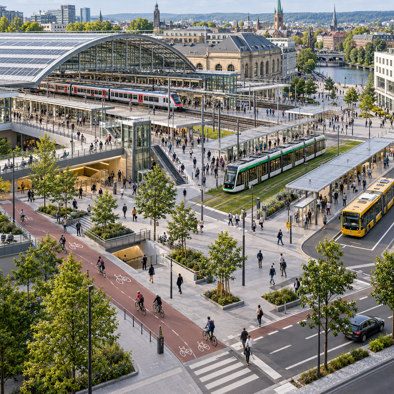 Integrated urban mobility hub connecting rail, tram, bus, cycling and pedestrian routes.