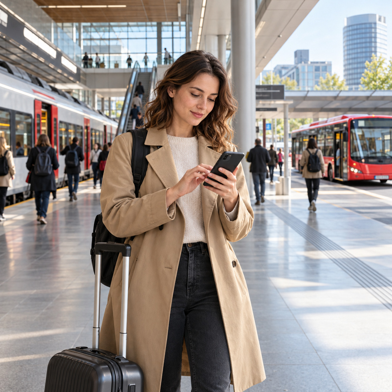 Traveller planning a multimodal journey by smartphone beside rail and bus services.