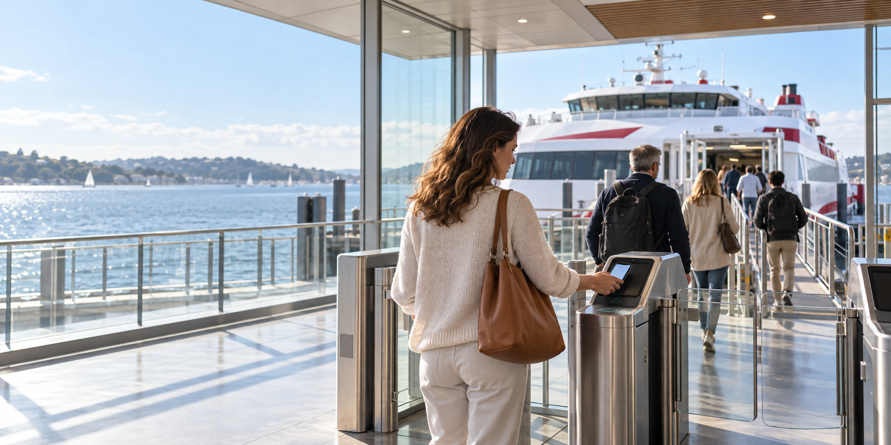 Passenger presenting a mobile ticket at a ferry terminal with a ferry ready for boarding.