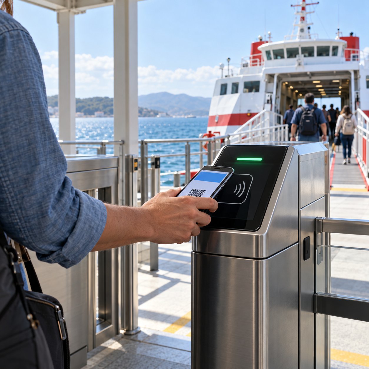 Passenger using an accessible maritime terminal gate with a mobile ticket.
