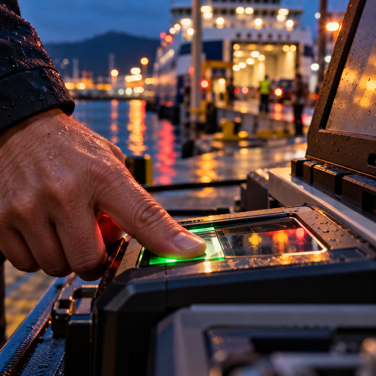 Traveller placing a finger on a biometric scanner at a dockside border checkpoint.