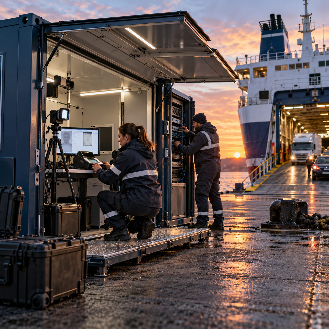 Technical specialists commissioning a mobile entry-exit processing unit beside a ferry.