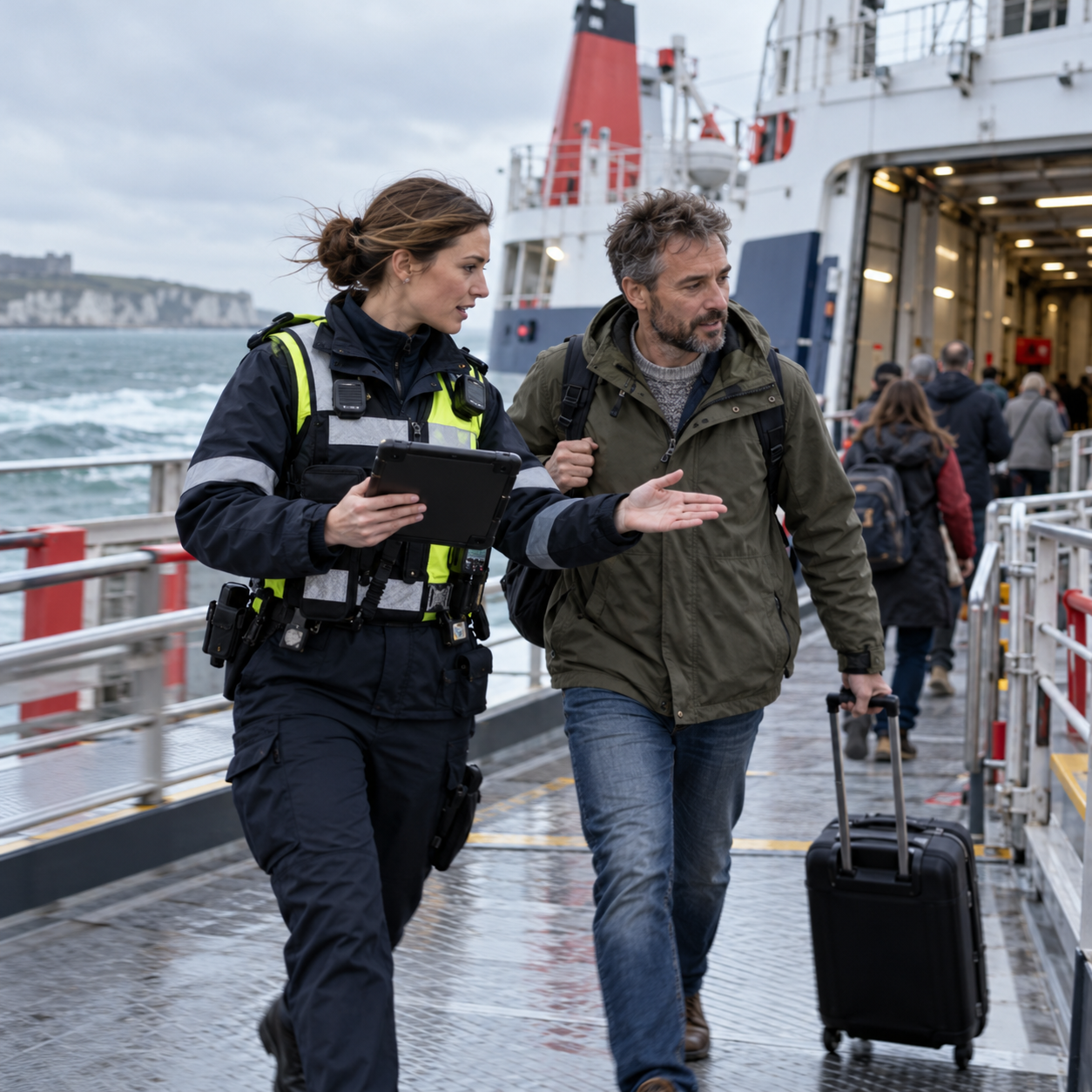 Border officer assisting a ferry passenger with a secure tablet during boarding.
