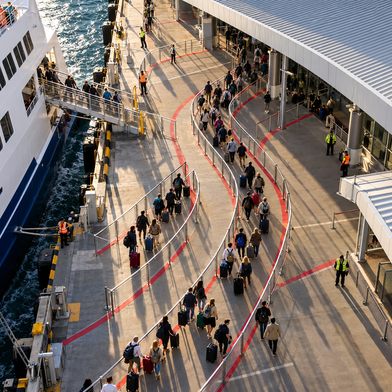 Passengers following organised border-processing lanes between a ferry and port terminal.