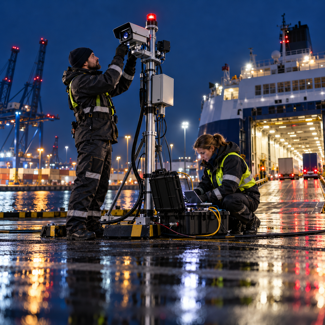Technicians calibrating portable biometric sensors on a port apron at night.