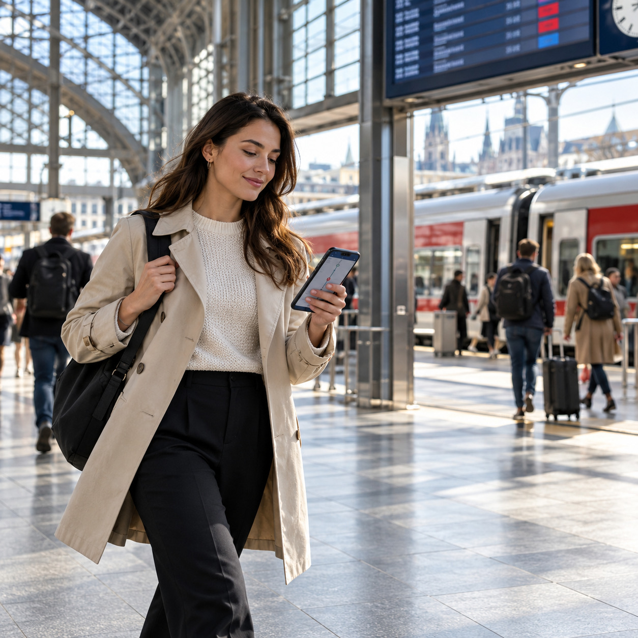 User checking digital journey guidance before boarding an accessible train.