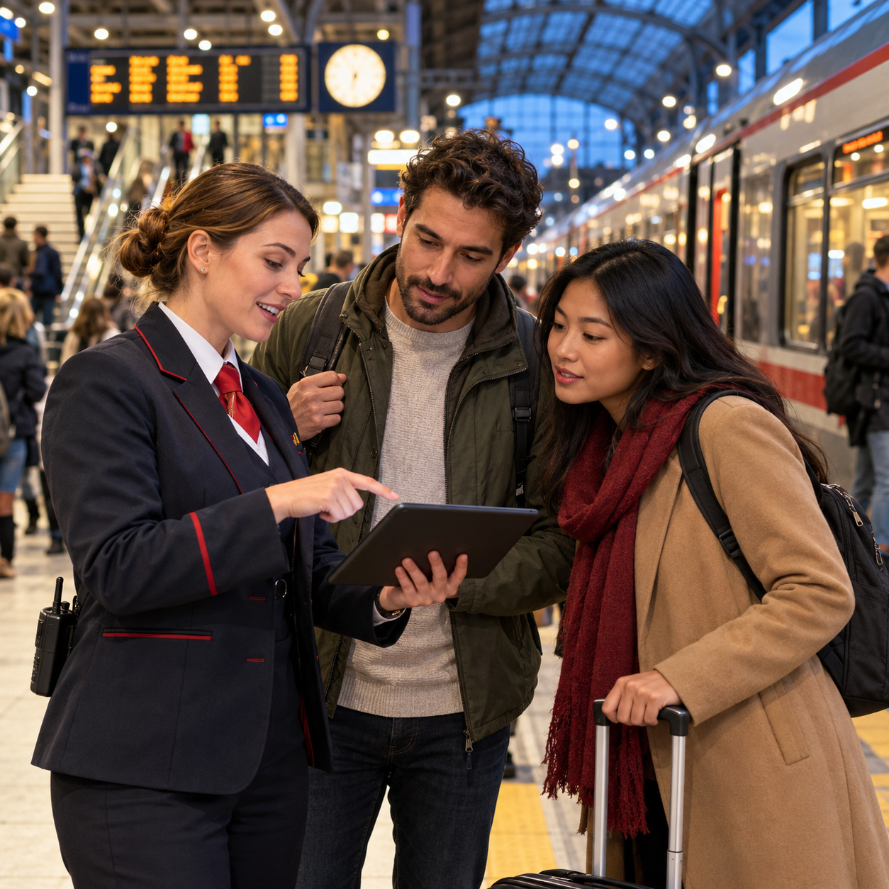 Railway employee helping passengers find an alternative connection during a service disruption.