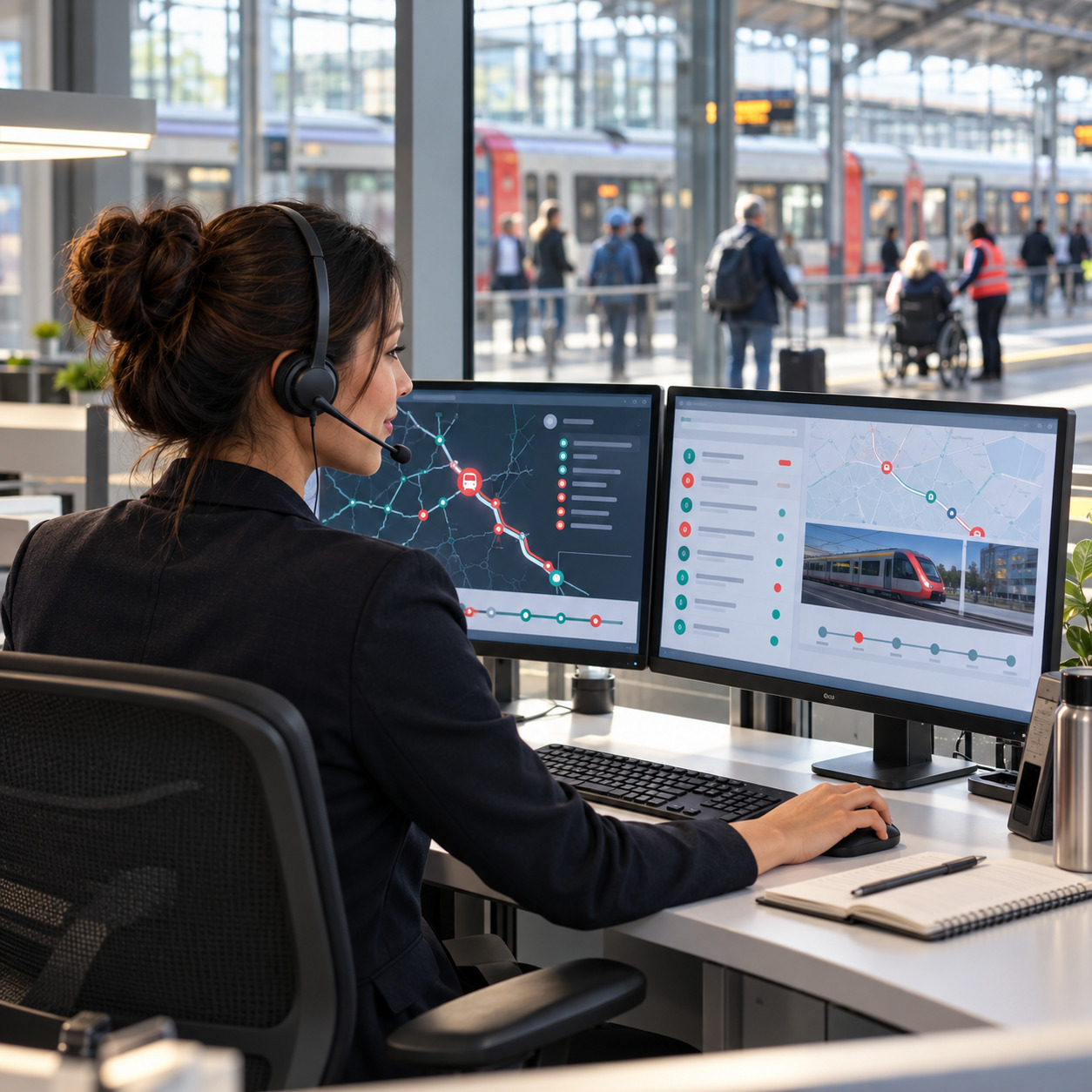 Rail customer-service specialist monitoring a passenger journey across connected support channels.