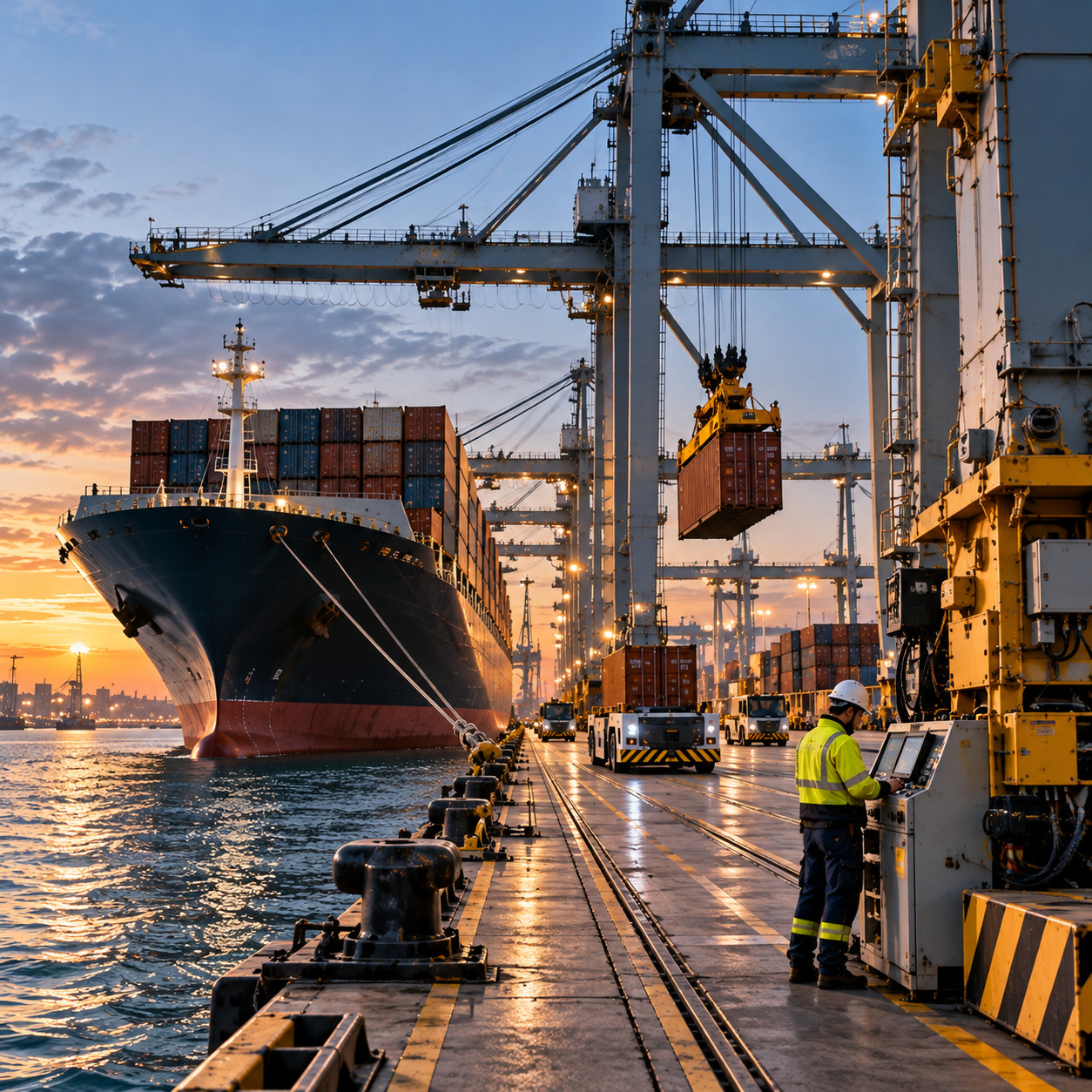 Industrial robotic arm operating at a modern maritime terminal, with a container ship and cargo cranes in the background.