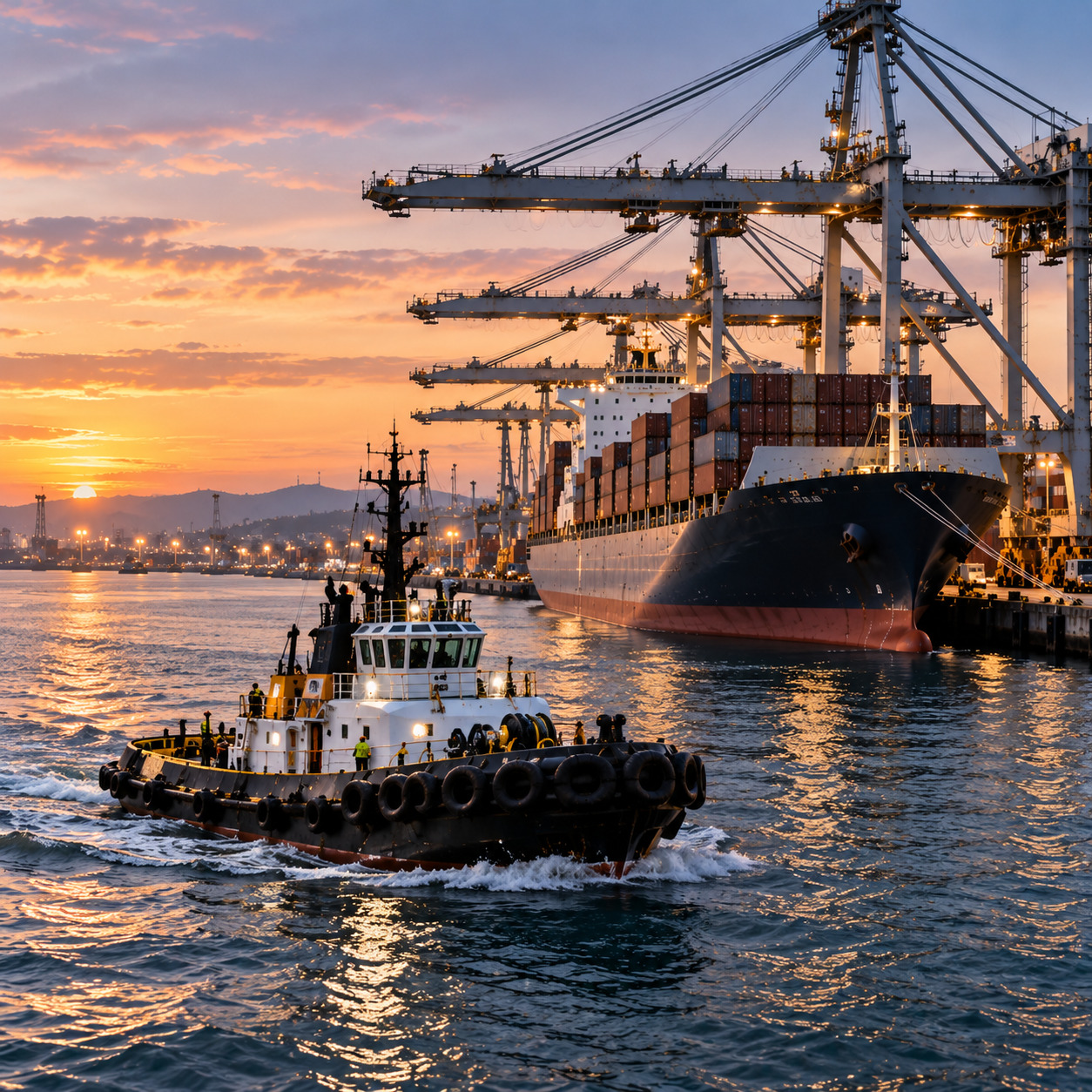 Tugboat navigating through a commercial harbor beside a container ship and large port cranes at sunset.