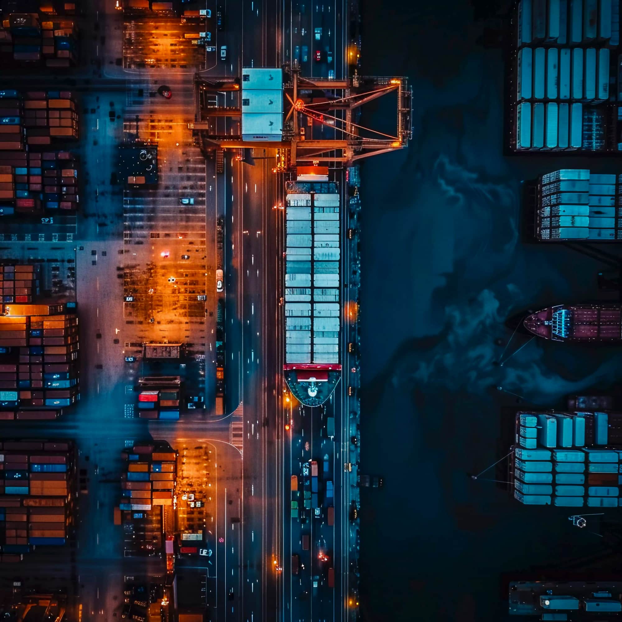 Aerial view of a port with means of transport representing the flow of a supply chain