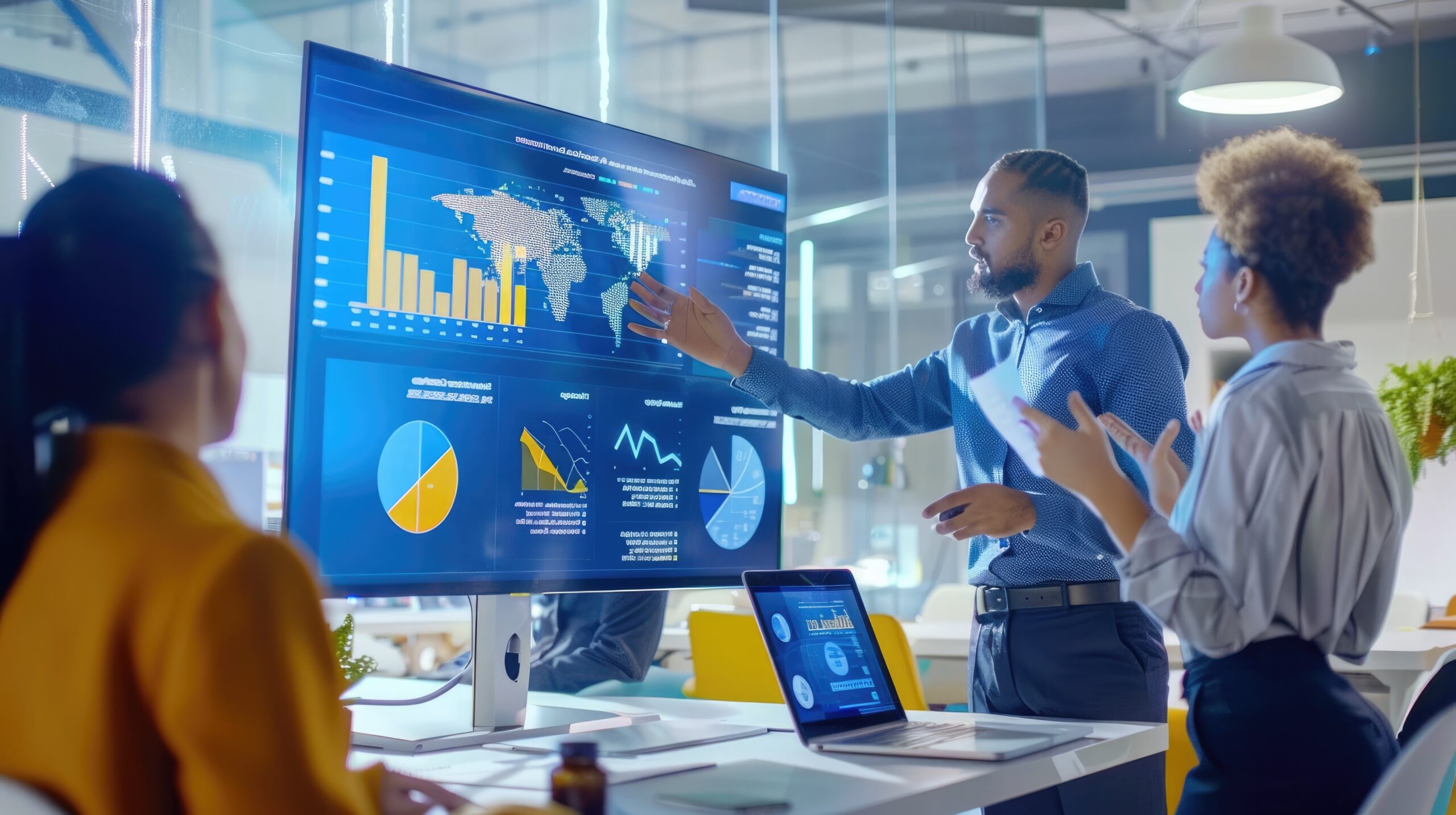 Professionals engaging in data analysis and strategic planning using technology in a corporate office environment.