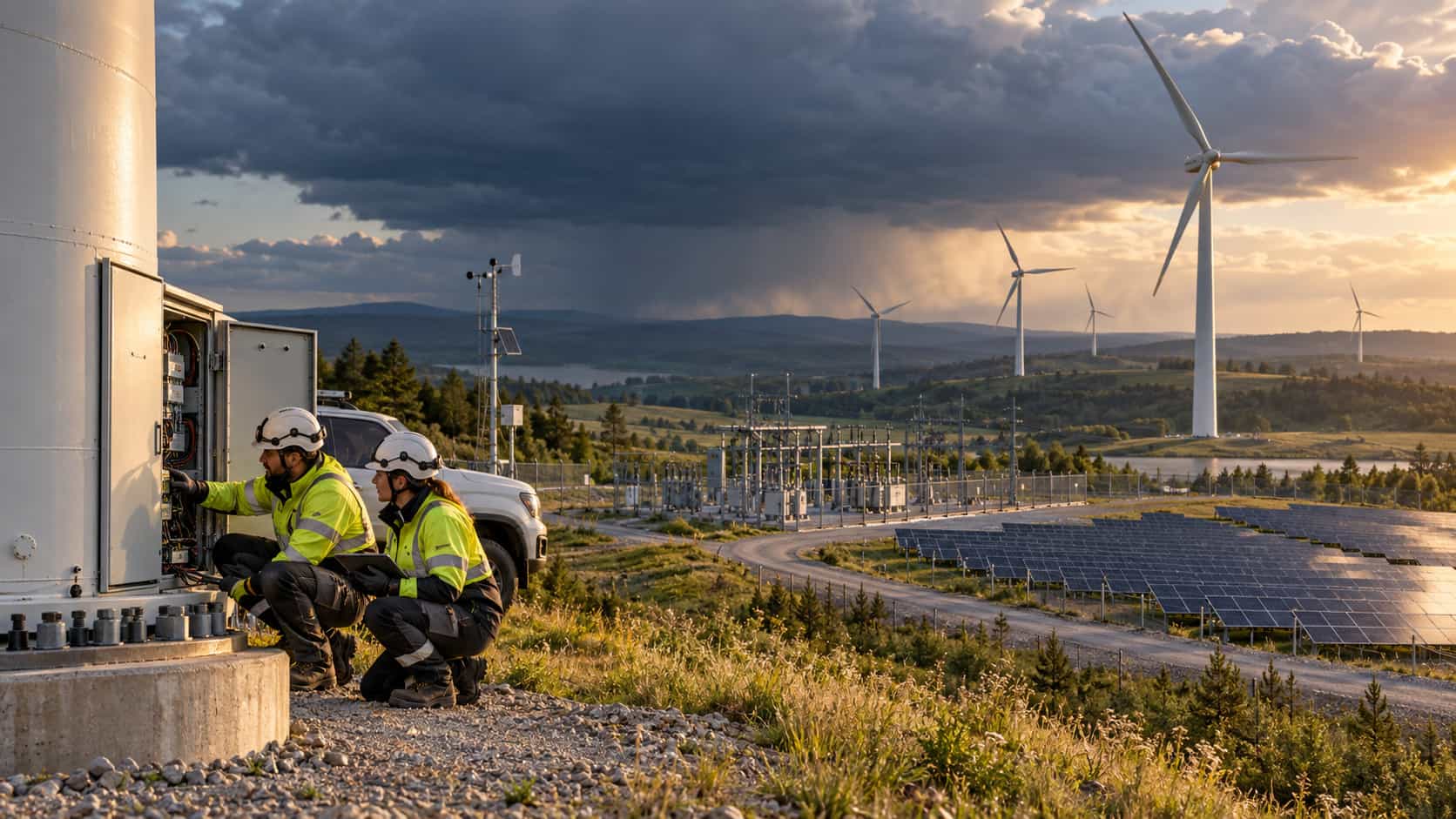Two technicians inspect a wind turbine at a renewable energy site with solar panels, an electrical substation and an approaching storm.