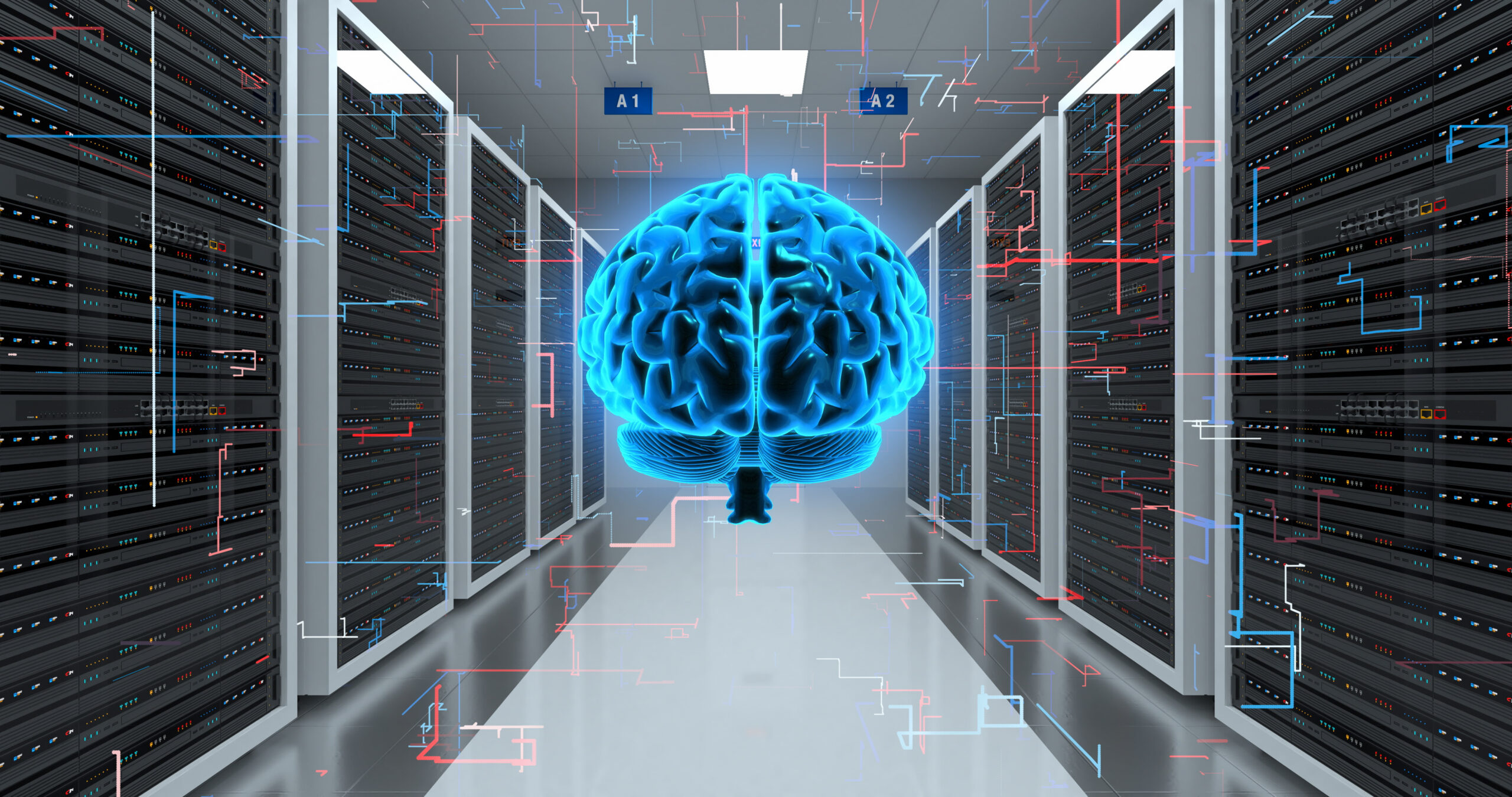 Picture of AI models denoted by brain images running on rows of computers within a data centre with multiple tranmission lines connecting it to a electricity generation plant and water pipelines connecting to a water body in the background