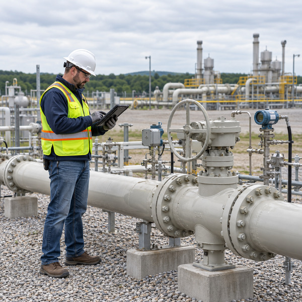 Field engineer inspecting a natural gas pipeline valve with a rugged tablet