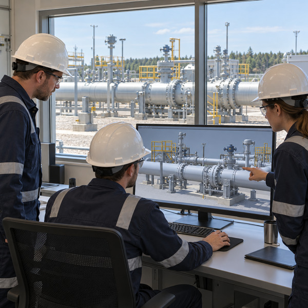 Pipeline engineers reviewing a digital model of a gas transmission facility