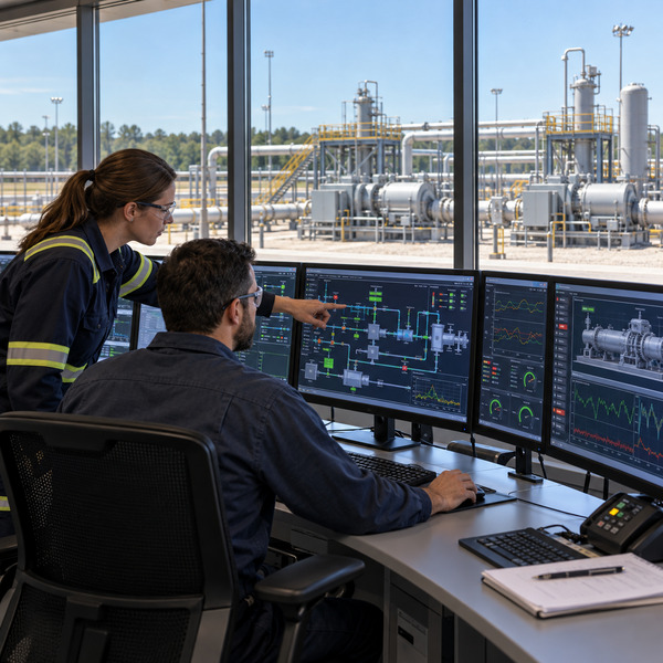 Operators monitoring pipeline flows and compressor performance in a control room