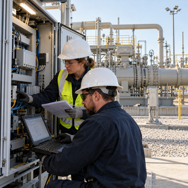 Maintenance technicians inspecting condition sensors on a gas compressor