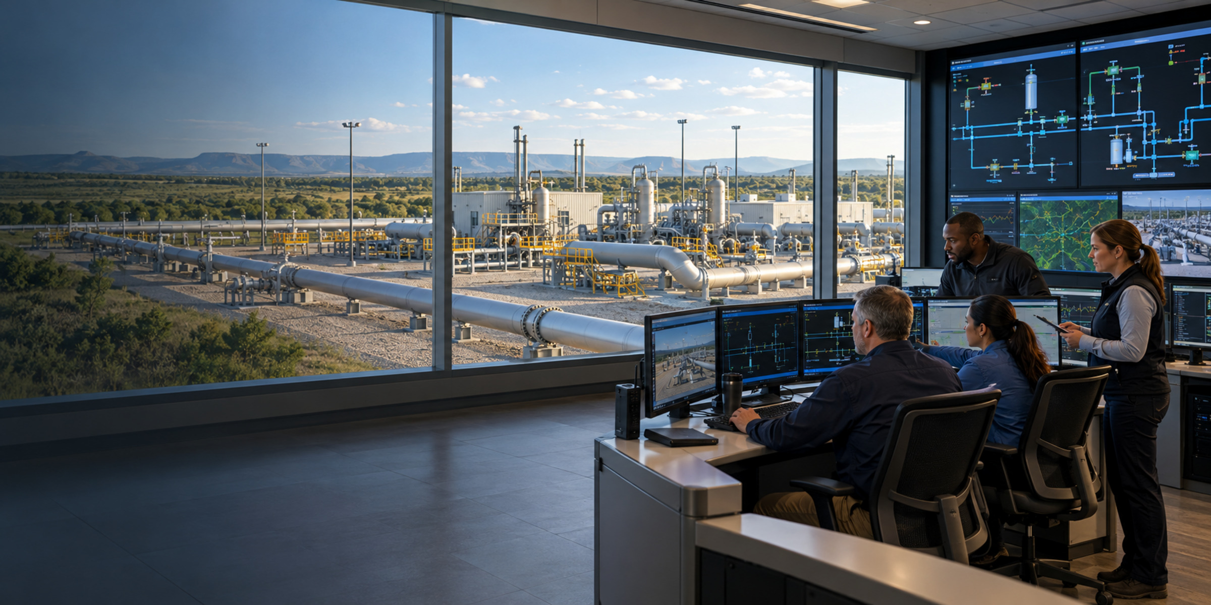Midstream operations team monitoring a gas pipeline and compressor terminal