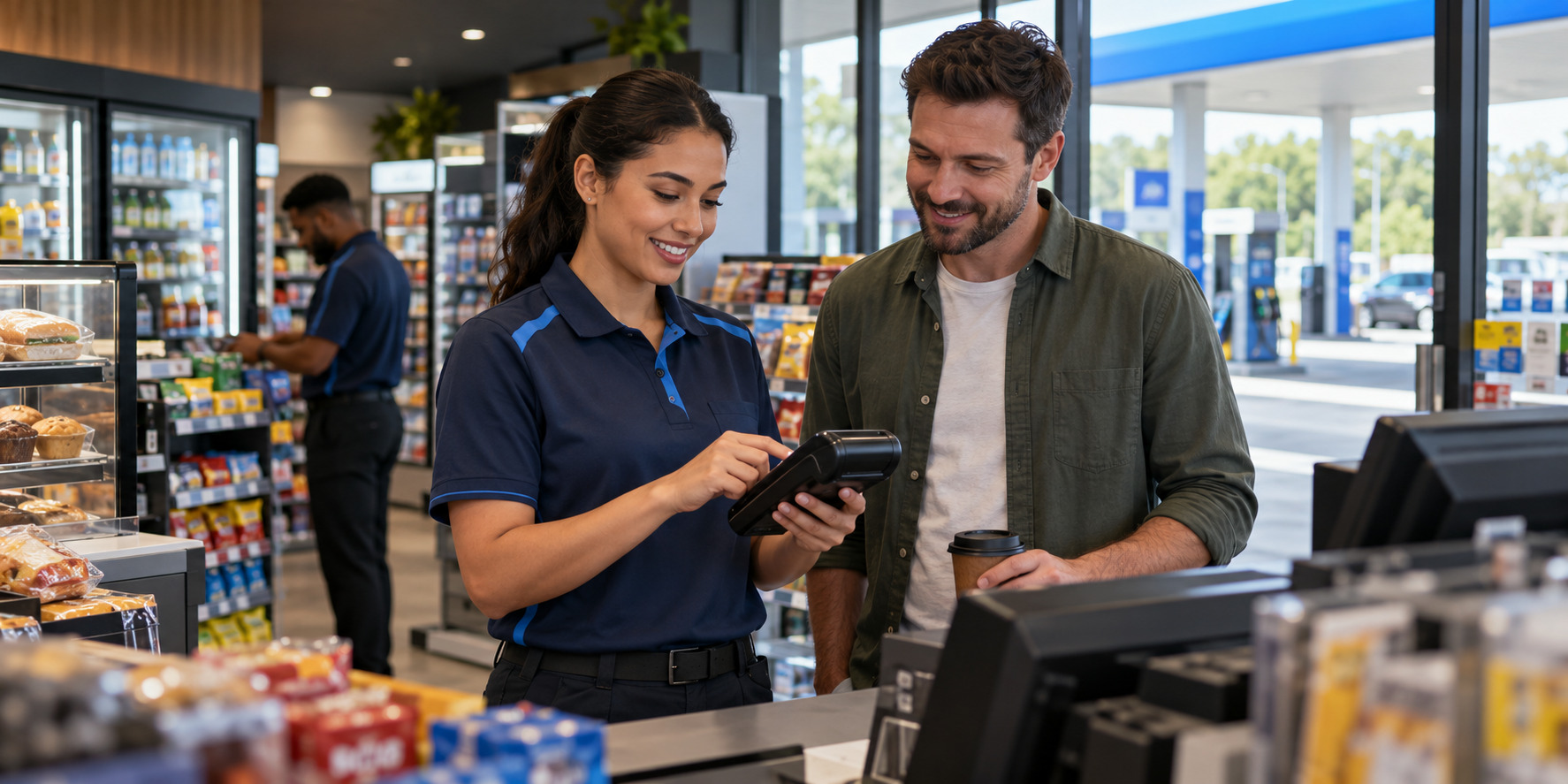 Station attendant helping a customer with a mobile device inside a fuel station store.