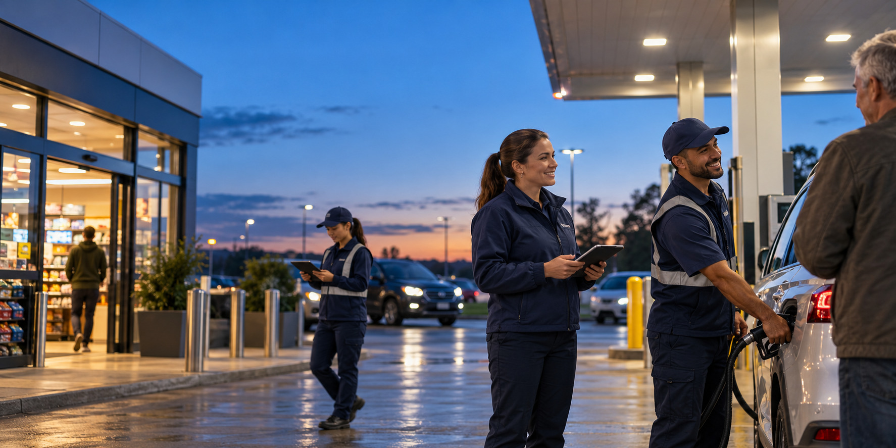 Frontline station team coordinating customer service between the store and forecourt.