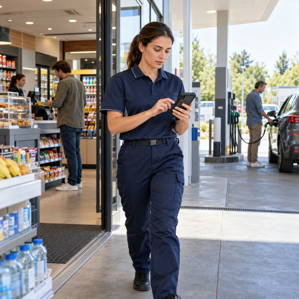 Station attendant using a mobile device while moving between the store and forecourt.