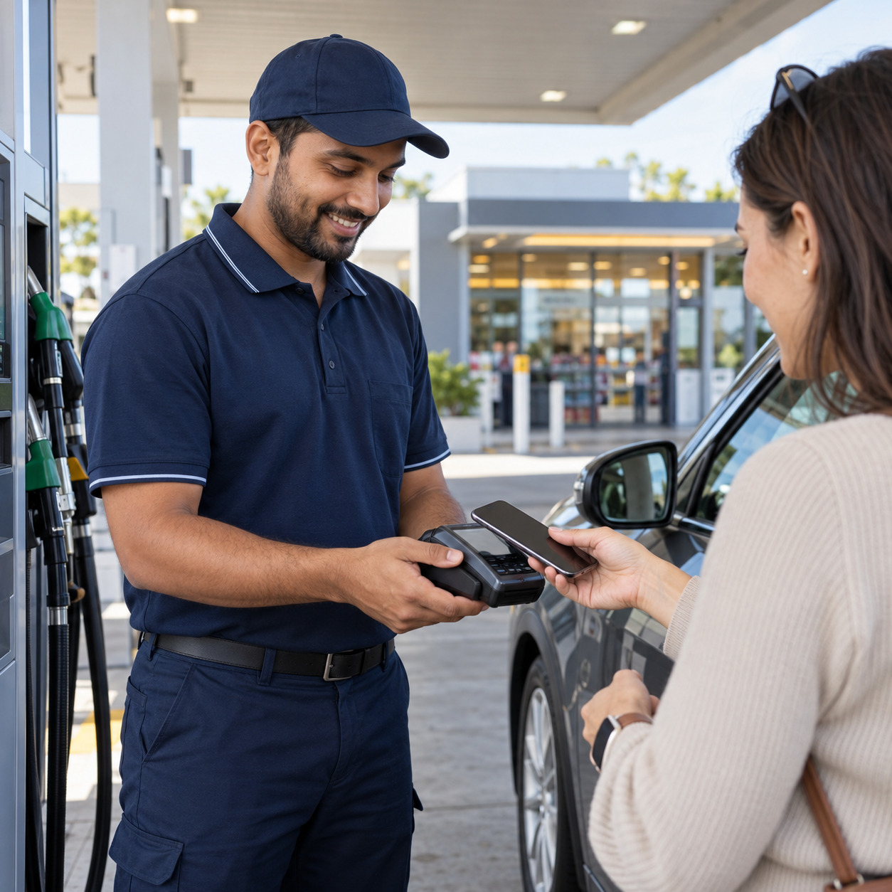 Station attendant processing a contactless payment with a mobile POS on the forecourt.
